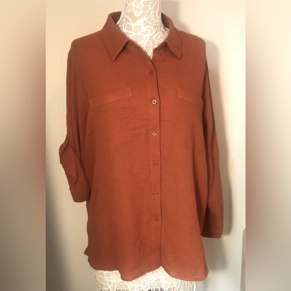 Calvin Klein 100% cotton Long sleeve button up Women’s top Rust Plus Siz…